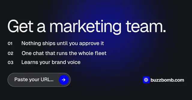 Social ad for BuzzBomb: "Get a marketing team." Agentic glass style, numbered layout, dark palette in black, blue, grey.