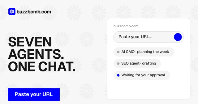Social ad for BuzzBomb: "Seven agents. One chat." Swiss style, bottom layout, light palette in white, blue.