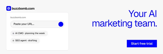 X header for BuzzBomb: "Your AI marketing team." Swiss style, right layout, light palette in white, blue.