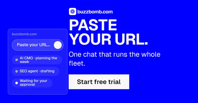 Social ad for BuzzBomb: "Paste your URL." Swiss style, skeleton layout, dark palette in blue.