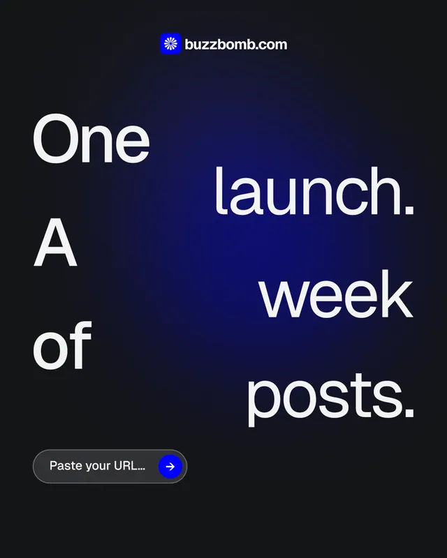 Instagram portrait post for BuzzBomb: "One launch. A week of posts." Agentic glass style, stacked layout, dark palette in black, blue, grey.