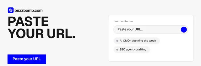 X header for BuzzBomb: "Paste your URL." Swiss style, bottom layout, light palette in white, blue.