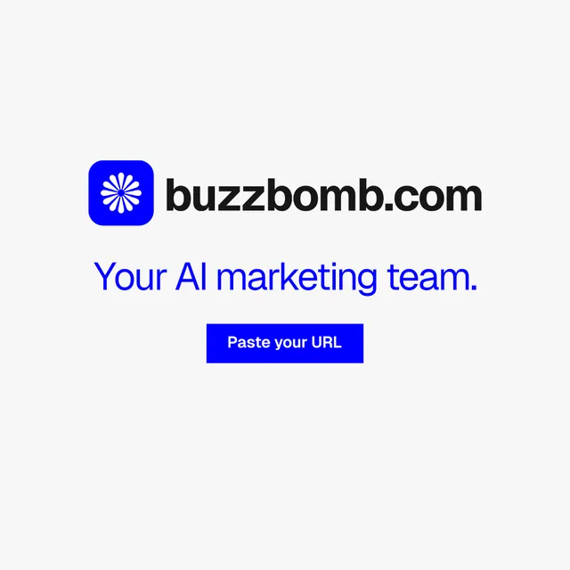 Instagram post for BuzzBomb: "Your AI marketing team." Swiss style, logo hero layout, light palette in white.