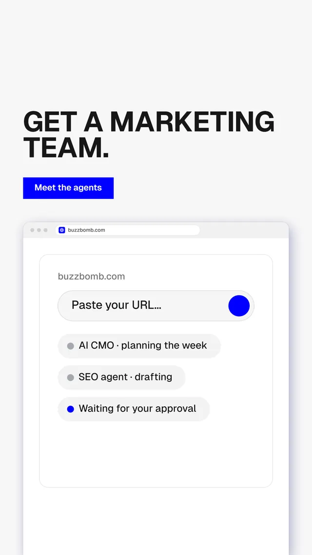 Instagram story for BuzzBomb: "Get a marketing team." Swiss style, browser layout, light palette in white, blue.