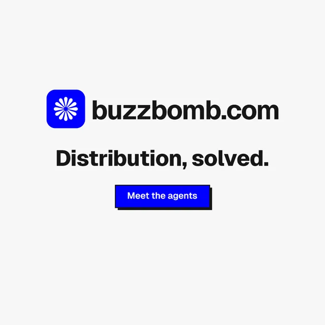 Instagram post for BuzzBomb: "Distribution, solved." Brutalist style, logo hero layout, light palette in white.