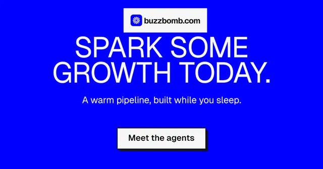 Social ad for BuzzBomb: "Spark some growth today." Brutalist style, centred layout, dark palette in blue.
