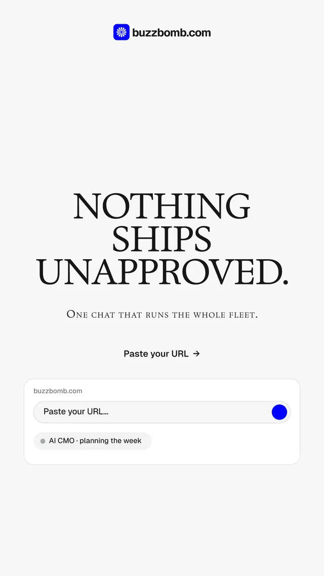 Instagram story for BuzzBomb: "Nothing ships unapproved." Swiss style, smallcaps layout, light palette in white, grey.