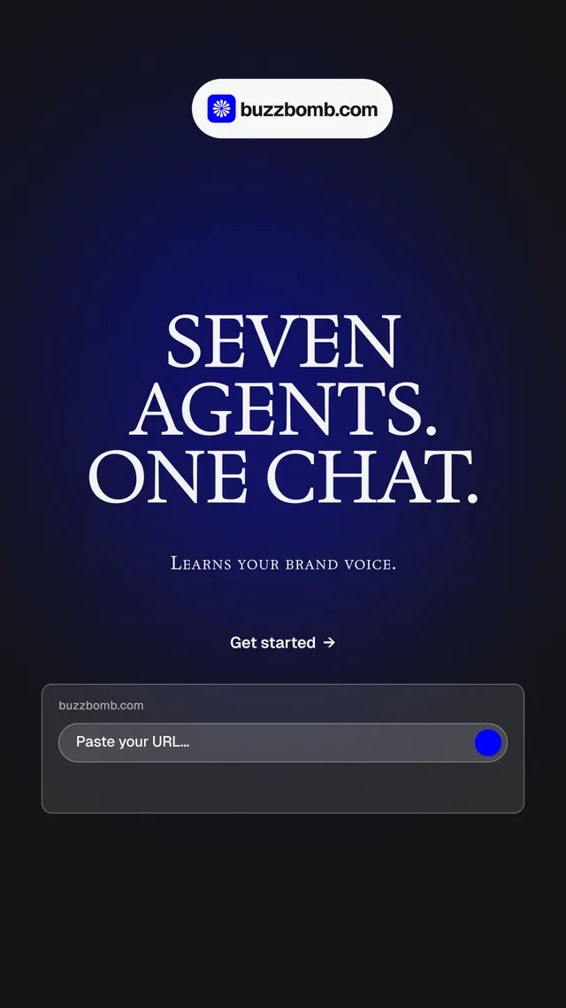Instagram story for BuzzBomb: "Seven agents. One chat." Agentic glass style, smallcaps layout, dark palette in black, blue, grey.