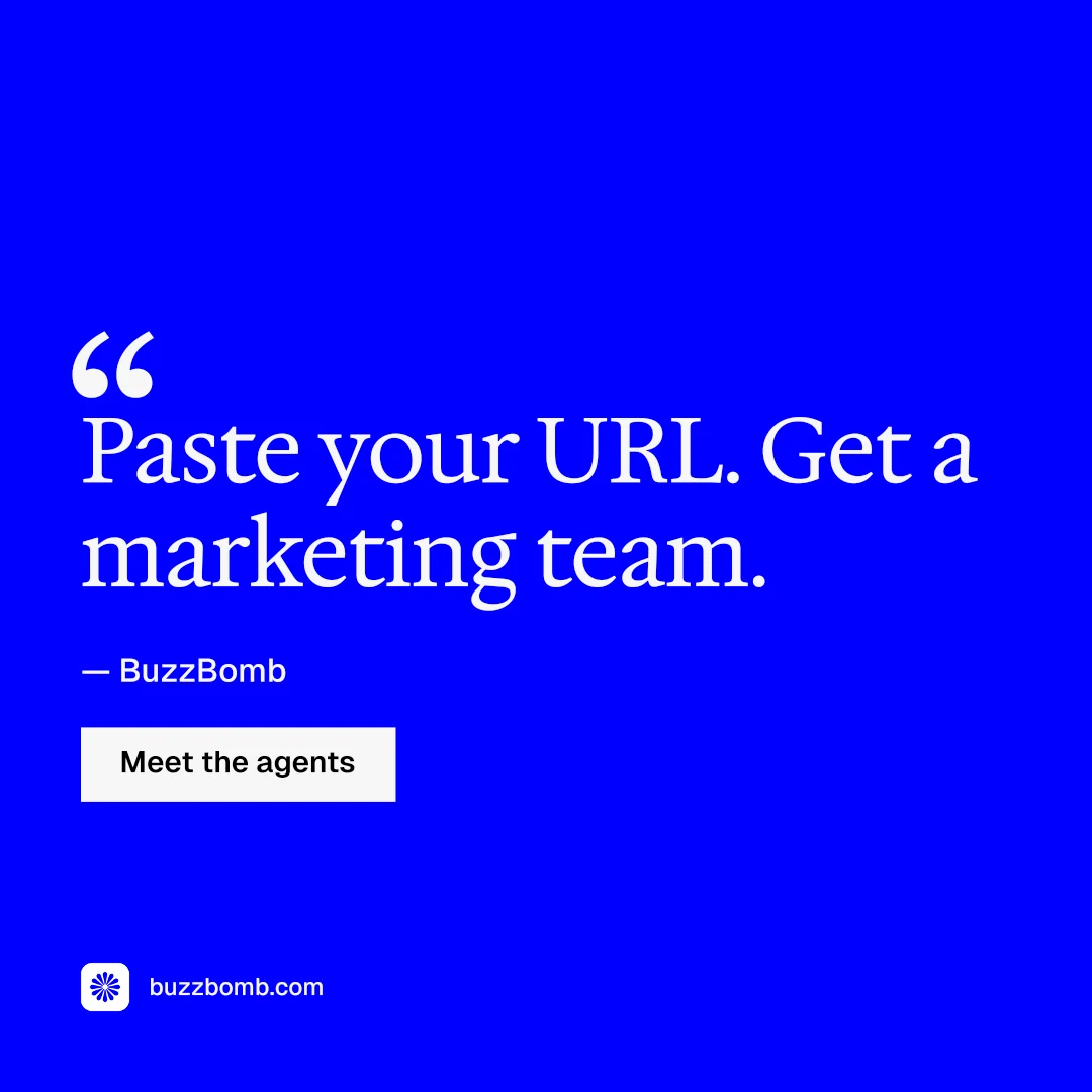 Instagram post for BuzzBomb: "Your AI marketing team." Split block style, quote layout, dark palette in blue.