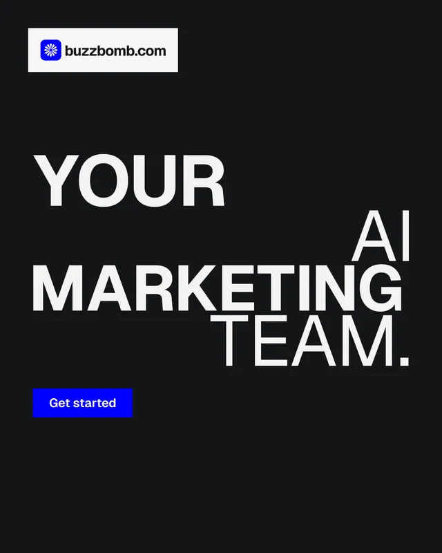 Instagram portrait post for BuzzBomb: "Your AI marketing team." Swiss style, stacked layout, dark palette in black, grey.