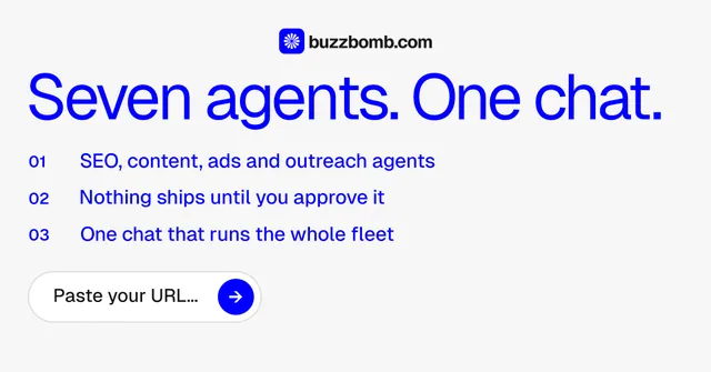 Social ad for BuzzBomb: "Seven agents. One chat." Agentic glass style, numbered layout, light palette in white, blue.