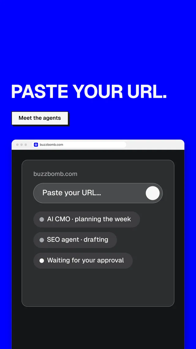 Instagram story for BuzzBomb: "Paste your URL." Brutalist style, browser layout, dark palette in blue, black, grey.