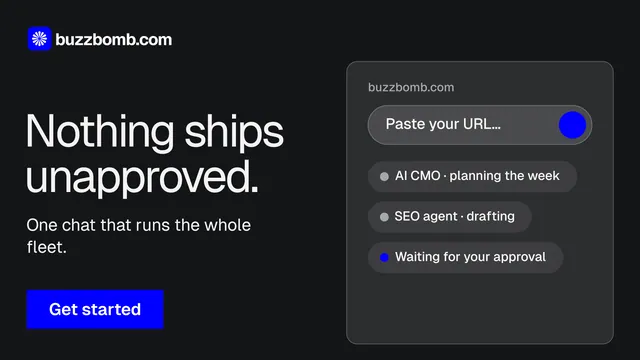 Landscape graphic for BuzzBomb: "Nothing ships unapproved." Split block style, bottom layout, dark palette in black, grey.