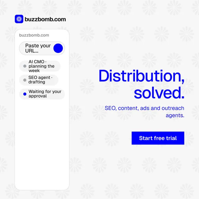 Instagram post for BuzzBomb: "Distribution, solved." Swiss style, right layout, light palette in white, blue.
