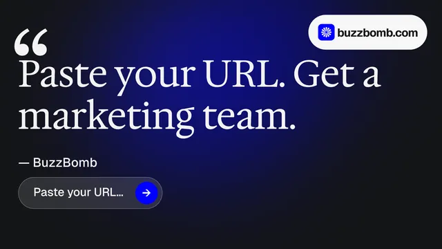 Landscape graphic for BuzzBomb: "Your AI marketing team." Agentic glass style, quote layout, dark palette in blue, black, grey.
