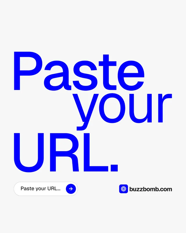 Instagram portrait post for BuzzBomb: "Paste your URL." Agentic glass style, stacked layout, light palette in white, blue.