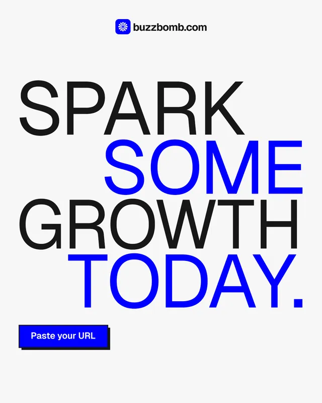 Instagram portrait post for BuzzBomb: "Spark some growth today." Brutalist style, stacked layout, light palette in white, blue.