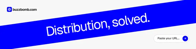 LinkedIn banner for BuzzBomb: "Distribution, solved." Agentic glass style, diagonal layout, light palette in white, blue.
