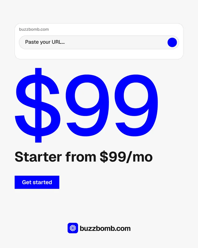 Instagram portrait post for BuzzBomb: "Get a marketing team." Swiss style, stat layout, light palette in white, blue.