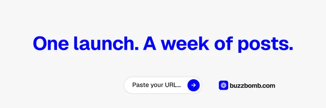 X header for BuzzBomb: "One launch. A week of posts." Agentic glass style, centred layout, light palette in white, blue.