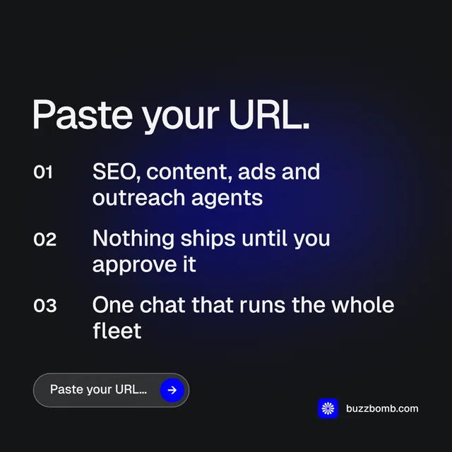 Instagram post for BuzzBomb: "Paste your URL." Agentic glass style, numbered layout, dark palette in black, blue, grey.