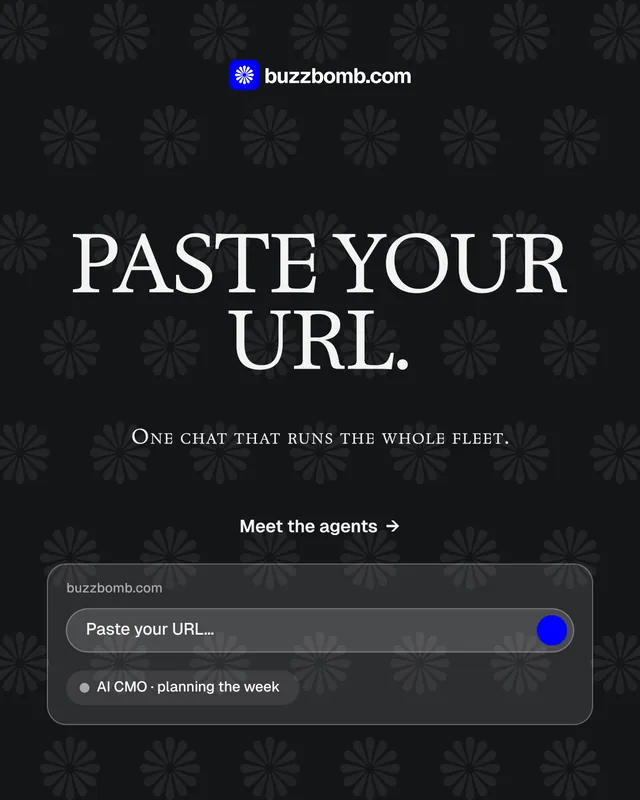 Instagram portrait post for BuzzBomb: "Paste your URL." Swiss style, smallcaps layout, dark palette in black, grey.