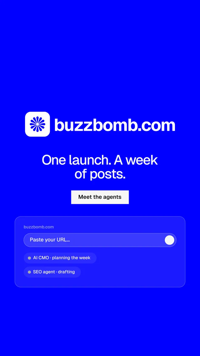 Instagram story for BuzzBomb: "One launch. A week of posts." Split block style, logo hero layout, dark palette in blue.