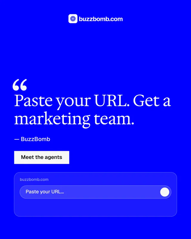 Instagram portrait post for BuzzBomb: "Your AI marketing team." Split block style, quote layout, dark palette in blue.