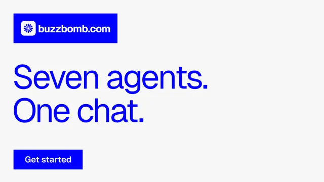 Landscape graphic for BuzzBomb: "Seven agents. One chat." Swiss style, announce layout, light palette in white, blue.