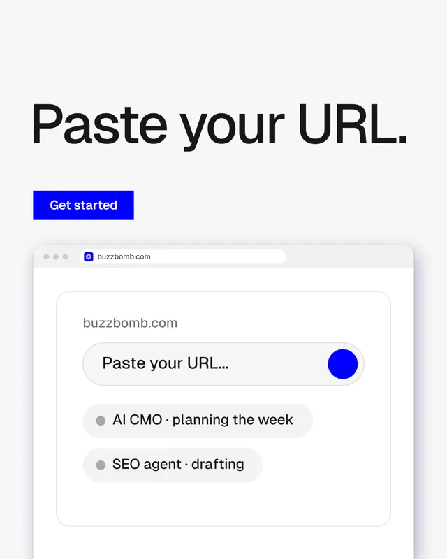 Instagram portrait post for BuzzBomb: "Paste your URL." Swiss style, browser layout, light palette in white, blue.