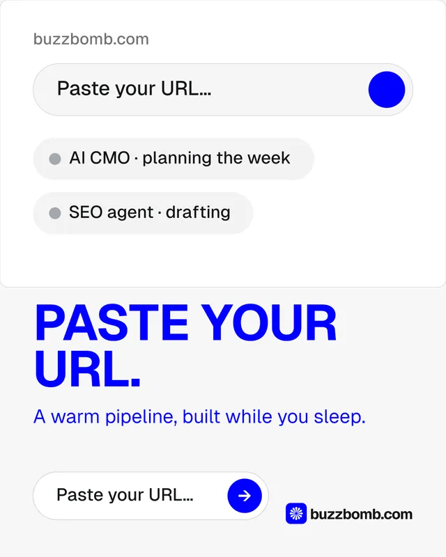 Instagram portrait post for BuzzBomb: "Paste your URL." Agentic glass style, skeleton layout, light palette in white, blue.