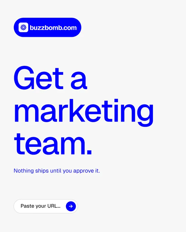 Instagram portrait post for BuzzBomb: "Get a marketing team." Agentic glass style, announce layout, light palette in white, blue.