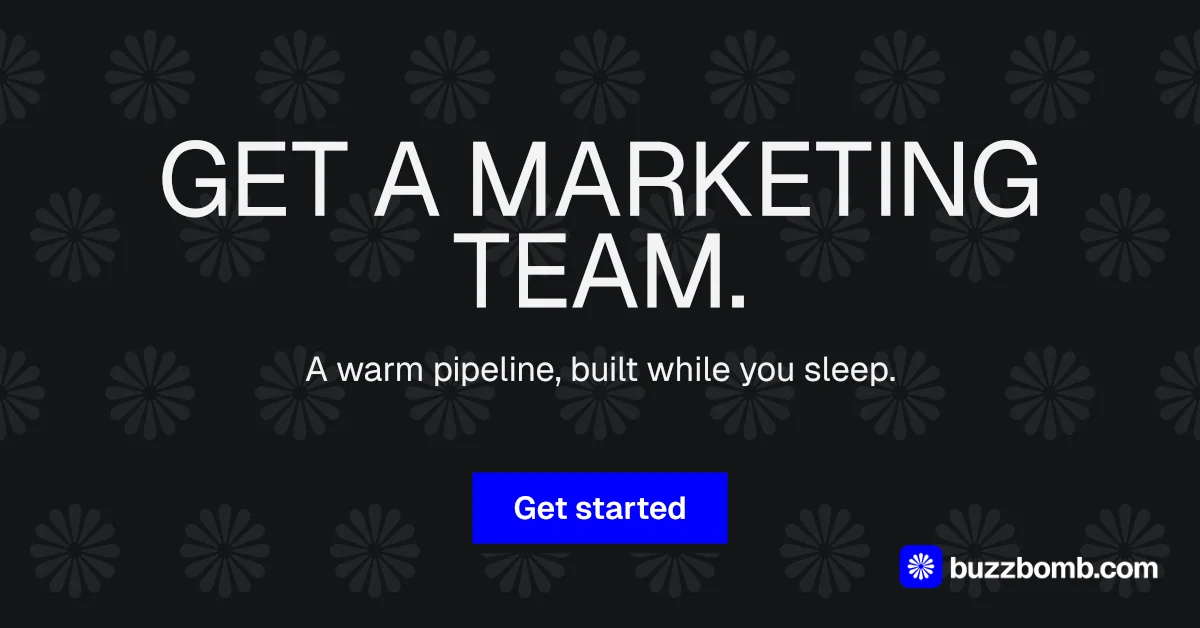 Social ad for BuzzBomb: "Get a marketing team." Brutalist style, centred layout, dark palette in black, grey.