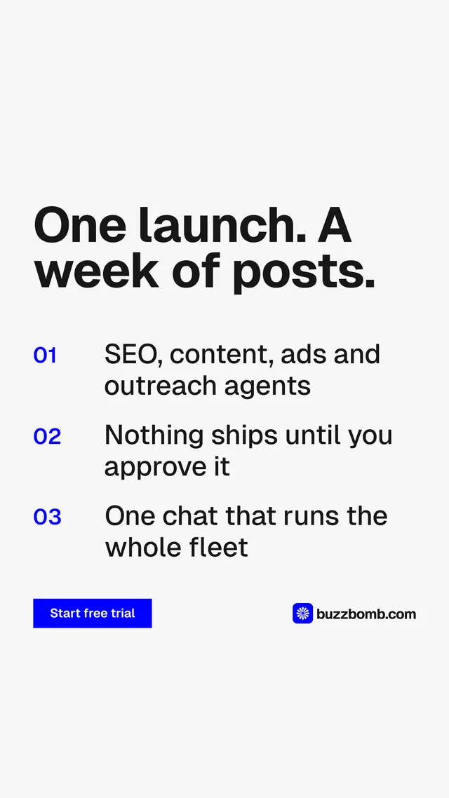 Instagram story for BuzzBomb: "One launch. A week of posts." Swiss style, numbered layout, light palette in white, grey.