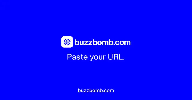 Social ad for BuzzBomb: "Paste your URL." Agentic glass style, end card layout, dark palette in blue.