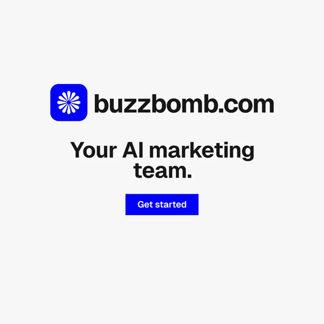 Instagram post for BuzzBomb: "Your AI marketing team." Swiss style, logo hero layout, light palette in white.