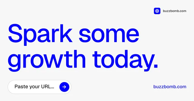 Social ad for BuzzBomb: "Spark some growth today." Agentic glass style, poster layout, light palette in white, blue.