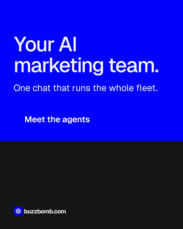 Instagram portrait post for BuzzBomb: "Your AI marketing team." Split block style, skeleton layout, dark palette in blue, black.