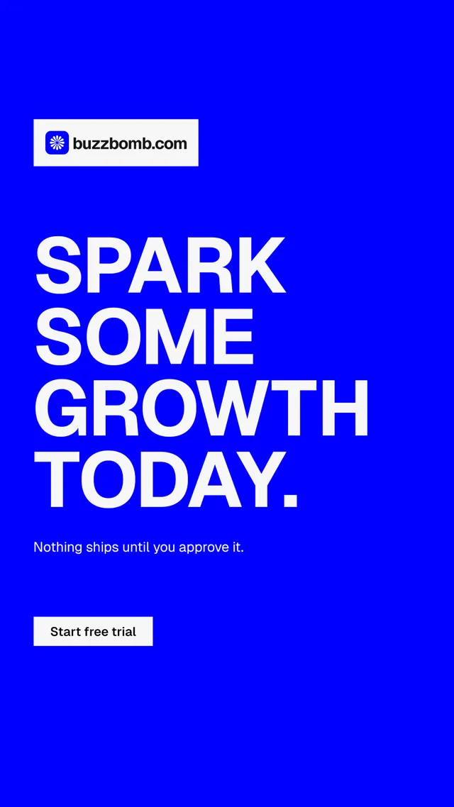 Instagram story for BuzzBomb: "Spark some growth today." Swiss style, announce layout, dark palette in blue, white.