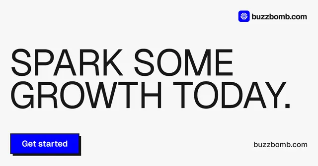 Social ad for BuzzBomb: "Spark some growth today." Brutalist style, poster layout, light palette in white, blue.