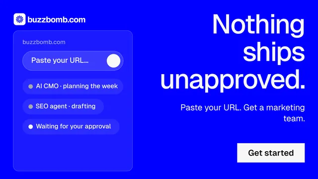 Landscape graphic for BuzzBomb: "Nothing ships unapproved." Split block style, right layout, dark palette in blue.