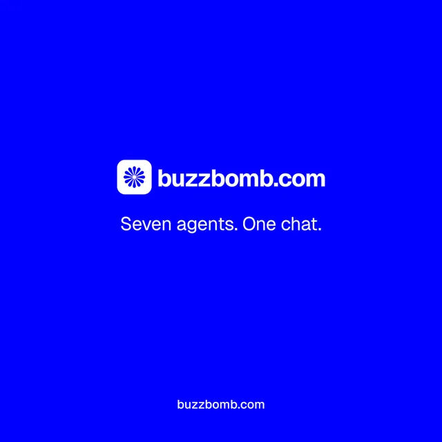 Instagram post for BuzzBomb: "Seven agents. One chat." Split block style, end card layout, dark palette in blue.