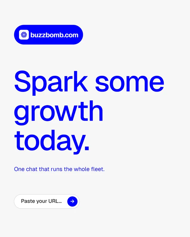Instagram portrait post for BuzzBomb: "Spark some growth today." Agentic glass style, announce layout, light palette in white, blue.