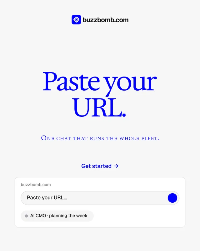Instagram portrait post for BuzzBomb: "Paste your URL." Agentic glass style, smallcaps layout, light palette in white, blue.