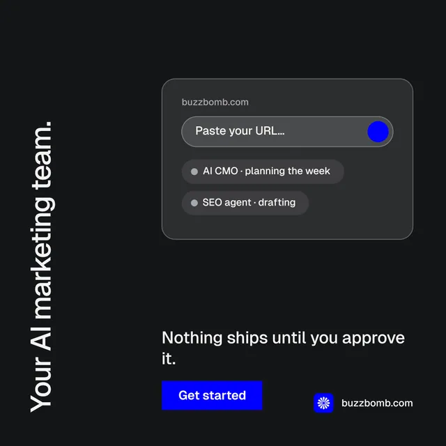 Instagram post for BuzzBomb: "Your AI marketing team." Swiss style, vertical layout, dark palette in black.