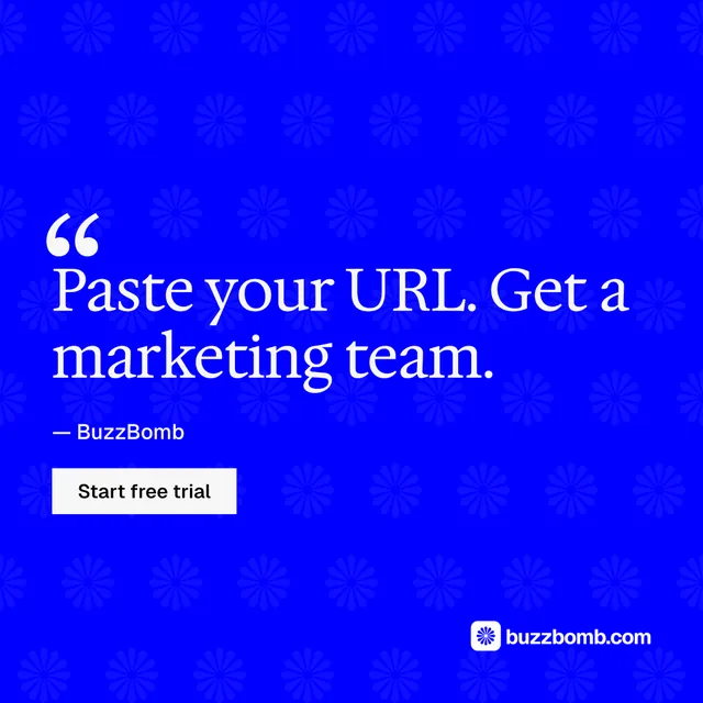 Instagram post for BuzzBomb: "Your AI marketing team." Split block style, quote layout, dark palette in blue.