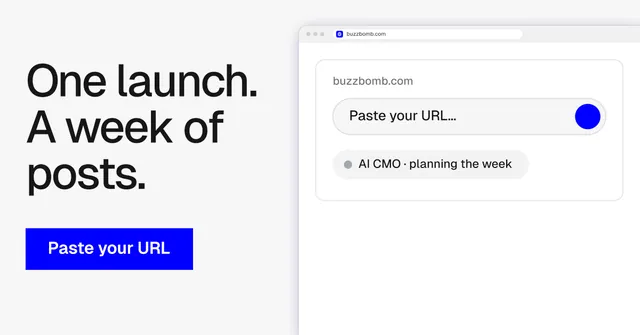Social ad for BuzzBomb: "One launch. A week of posts." Swiss style, browser layout, light palette in white, blue.