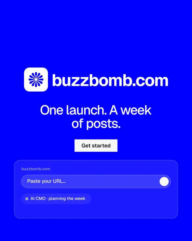 Instagram portrait post for BuzzBomb: "One launch. A week of posts." Swiss style, logo hero layout, dark palette in blue.