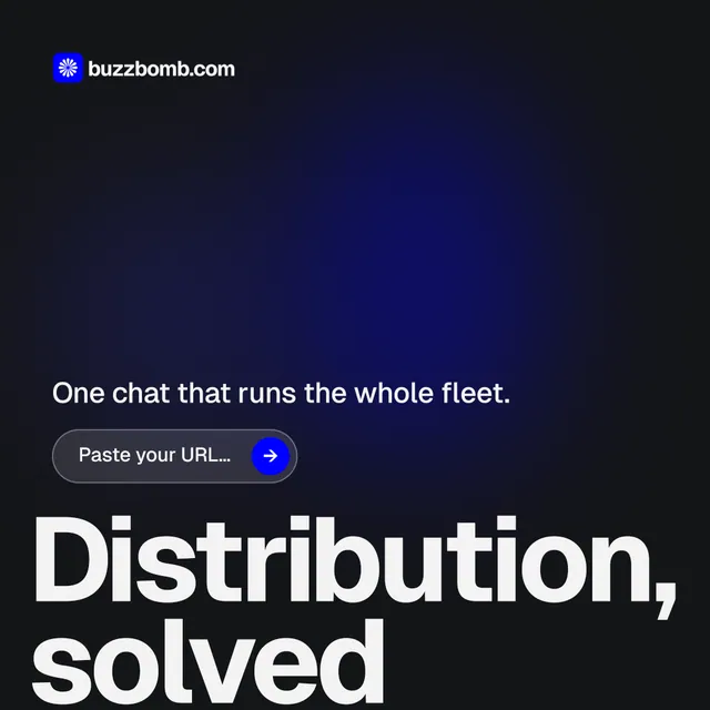 Instagram post for BuzzBomb: "Your AI marketing team." Agentic glass style, oversized layout, dark palette in black, blue, grey.
