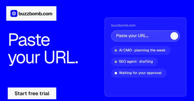 Social ad for BuzzBomb: "Paste your URL." Split block style, bottom layout, dark palette in blue.